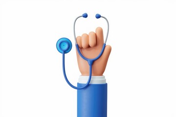 Poster - Cartoon hand in blue suit holding a stethoscope, symbolizing healthcare and medical services.