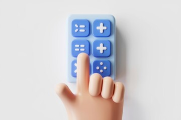 Poster - Cartoon hand pressing buttons on a blue calculator-like interface.