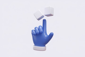Aufkleber - A 3D render of a blue hand cursor juggling two white cubes, symbolizing choices or options.