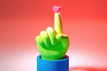 Poster - A vibrant 3D rendering of a lime green hand holding a small pink heart on its index finger.