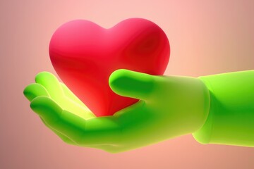Poster - A green hand gently cradles a vibrant red heart, symbolizing love, care, and compassion.