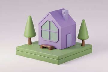 Poster - A charming 3D rendering of a purple house with trees and a bench, idyllic and peaceful.