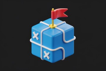 Fototapete - A 3D rendering of a blue cube gift box with a red flag, symbolizing achievement or delivery.