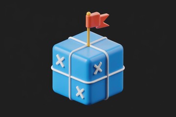 Aufkleber - A blue cube gift box with a flag on top, signifying achievement or delivery.