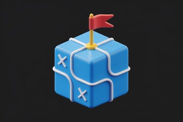 Poster - A 3D rendered blue cube with a flag, resembling a treasure map or package.
