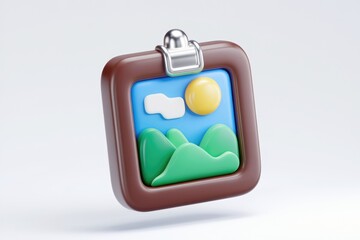 Poster - A 3D rendered image of a brown picture frame containing a simple landscape illustration of hills, sun, and clouds.