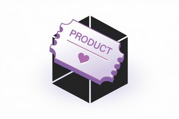 Poster - A purple product ticket rests on a black cube, symbolizing product delivery or a loved product.