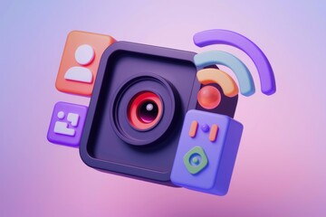 Poster - 3D illustration of a camera with social media and wifi icons, representing online connectivity and content creation.