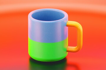 Poster - A vibrant mug with a light blue, lime green body and an orange handle sits on a red surface.