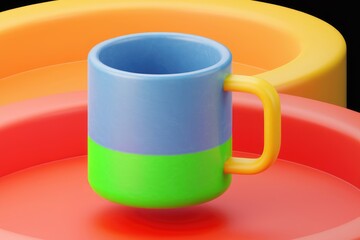 Poster - A vibrant, colorful mug with blue and green sections rests on a set of nested bowls in orange and red.