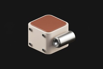 Fototapete - Abstract 3D rendering of a beige cube with a brown top and a silver cylinder attached.