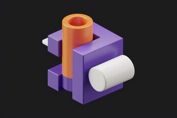 Fototapete - Abstract 3D rendering of interconnected orange, purple, and white geometric shapes.