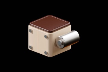 Aufkleber - A 3D rendered beige cube with a brown top and a silver cylinder attached. Minimalist design.