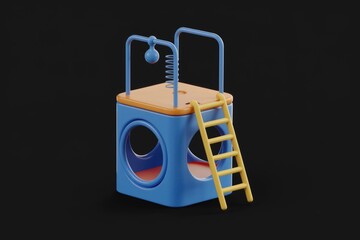 Aufkleber - A 3D render of a blue and orange children's play structure with a ladder and a swinging ball.