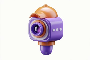 Poster - A cute cartoon camera with an orange cap,  purple body, and a large lens.