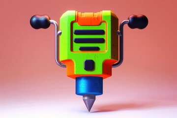 Poster - A vibrant, cartoonish hand-cranked device with a futuristic design, featuring multiple colors and a pointed tip.