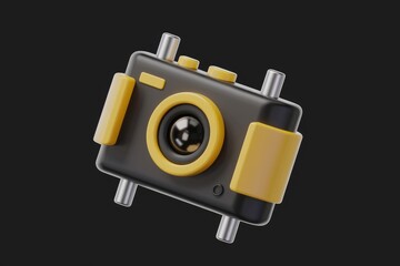 Poster - A 3D rendering of a stylized black and yellow camera icon with metallic accents.
