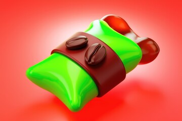 Poster - A 3D render of a green and brown pillow-shaped object with coffee beans, suggesting a playful coffee-themed design.