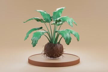Fototapete - A 3D rendered image of a stylized plant with large leaves growing from a bulbous root, displayed on a minimalist platform.