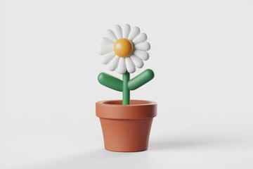 Poster - A stylized 3D render of a daisy in a terracotta pot, simple and cheerful.