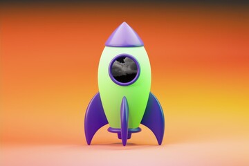 Poster - A cartoon rocket ship, light green and purple, poised for launch against an orange gradient background.