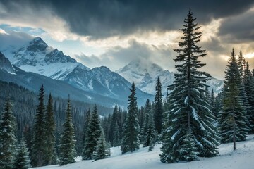 Wall Mural - Stunning Winter Mountain Landscape with Snow-Covered Spruce Trees and Dramatic Cloudy Sky - Captivating Nature Scenery for Winter Enthusiasts