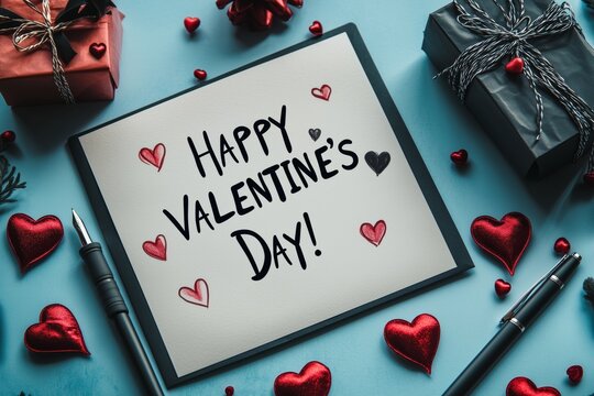Valentine's Day Greeting Card. Paper with handwritten text Happy Valentine's Day!, pencil, gift box, envelope and red hearts