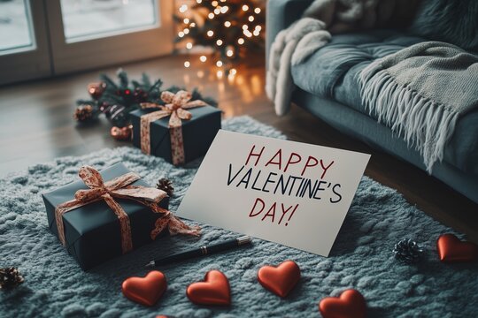 Valentine's Day Greeting Card. Paper with handwritten text Happy Valentine's Day!, pencil, gift box, envelope and red hearts