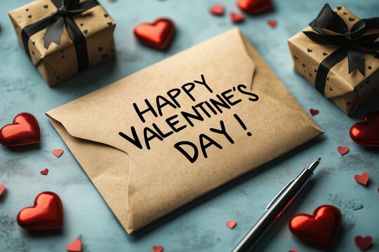 Valentine's Day Greeting Card. Paper with handwritten text Happy Valentine's Day!, pencil, gift box, envelope and red hearts