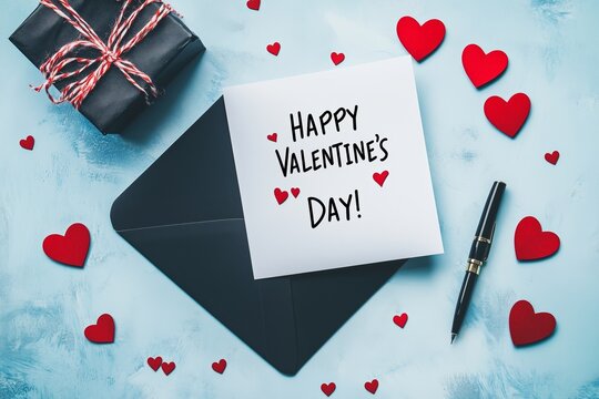 Valentine's Day Greeting Card. Paper with handwritten text Happy Valentine's Day!, pencil, gift box, envelope and red hearts