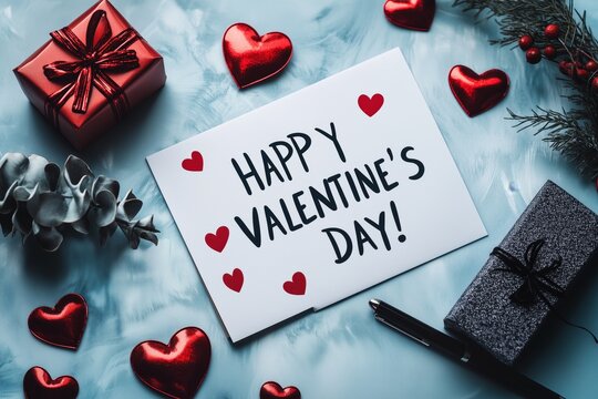 Valentine's Day Greeting Card. Paper with handwritten text Happy Valentine's Day!, pencil, gift box, envelope and red hearts