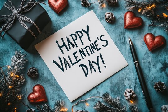 Valentine's Day Greeting Card. Paper with handwritten text Happy Valentine's Day!, pencil, gift box, envelope and red hearts