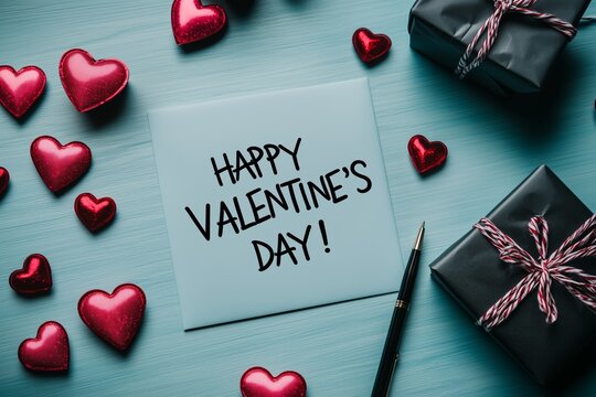 Valentine's Day Greeting Card. Paper with handwritten text Happy Valentine's Day!, pencil, gift box, envelope and red hearts