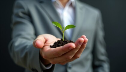 Wall Mural - A businessman in a suit gently cradles a small seedling, symbolizing growth, nurturing, and new possibilities. The concept reflects sustainability, investment, and potential in a professional setting.