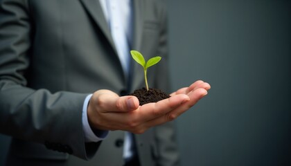 Wall Mural - A businessman in a suit gently cradles a small seedling, symbolizing growth, nurturing, and new possibilities. The concept reflects sustainability, investment, and potential in a professional setting.