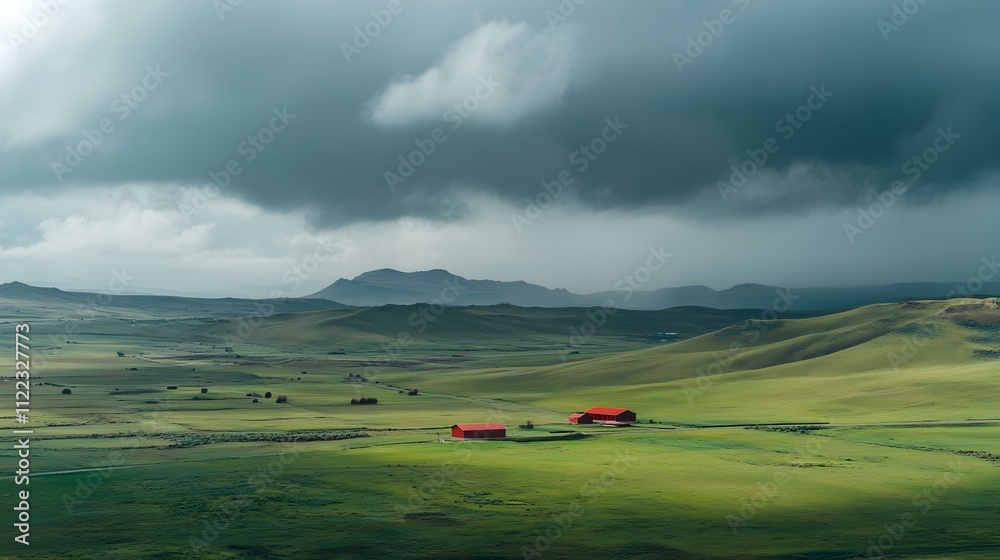 Serene Landscape With Two Red Barns Under A Dramatic Sky Perfect For serene-landscape-with-two-red-barns-under-a-dramatic-sky-perfect-for