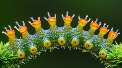Poster - A macro capture of a snails antennae as it explores a moss-covered surface Stock Photo with side copy space