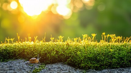 Poster - A macro capture of a snails antennae as it explores a moss-covered surface Stock Photo with side copy space