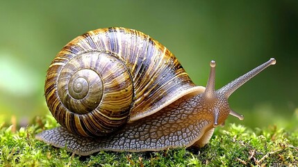 Poster - A macro capture of a snails antennae as it explores a moss-covered surface Stock Photo with side copy space