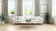 © fara - Bright, airy living room with white sofa, wooden coffee table, plants, and herringbone flooring. Perfect for home decor blogs and websites.