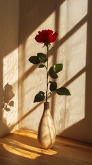 Poster - A minimalist vase holding a single rose in a calm and bright space Stock Photo with side copy space