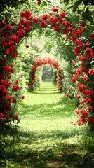 Poster - A dreamy garden archway surrounded by vibrant roses in full bloom Stock Photo with side copy space