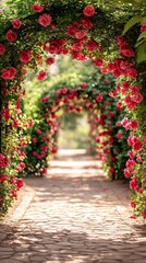Poster - A dreamy garden archway surrounded by vibrant roses in full bloom Stock Photo with side copy space