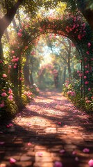 Poster - A dreamy garden archway surrounded by vibrant roses in full bloom Stock Photo with side copy space