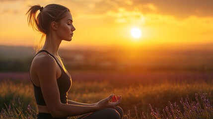 Aufkleber - A woman practicing mindfulness surrounded by lavender fields during a golden sunset Stock Photo with side copy space