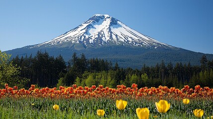 Poster - A vibrant tulip garden in full bloom framed by a clear spring sky Stock Photo with side copy space