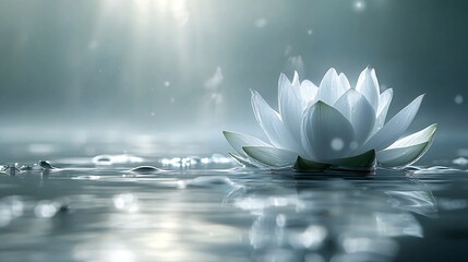 Poster - A detailed view of a lotus flower floating gracefully on a calm water surface Stock Photo with side copy space