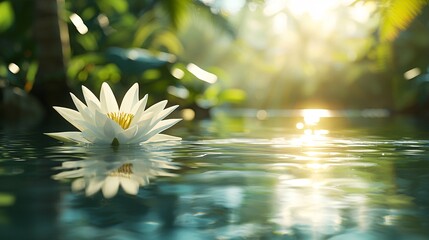 Poster - A detailed view of a lotus flower floating gracefully on a calm water surface Stock Photo with side copy space
