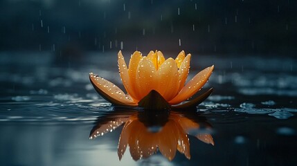 Poster - A detailed view of a lotus flower floating gracefully on a calm water surface Stock Photo with side copy space