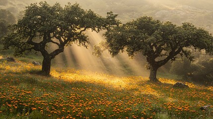 Aufkleber - A morning scene of sunlight streaming through trees onto a meadow of wildflowers Stock Photo with side copy space